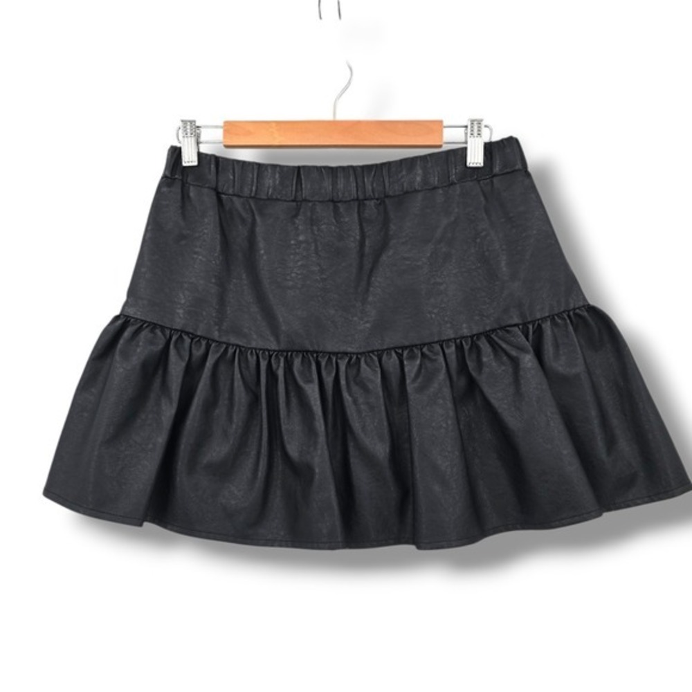Glam Faux Leather Ruffle Mini Skirt‎ Black Elastic Waist Women Size Large